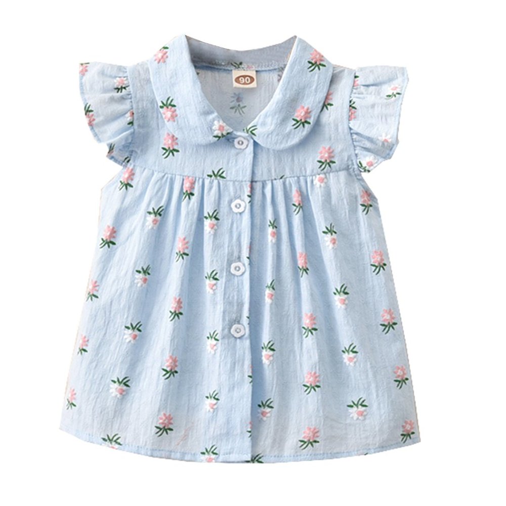 Blue Flutter Sleeve Front Button Cotton Girl Dress